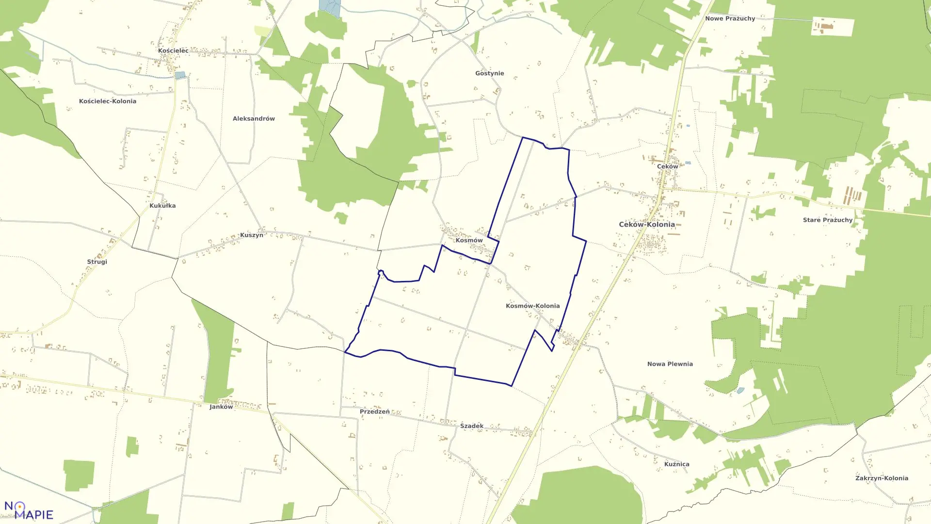 Mapa obrębu KOSMÓW KOLONIA w gminie Ceków-Kolonia