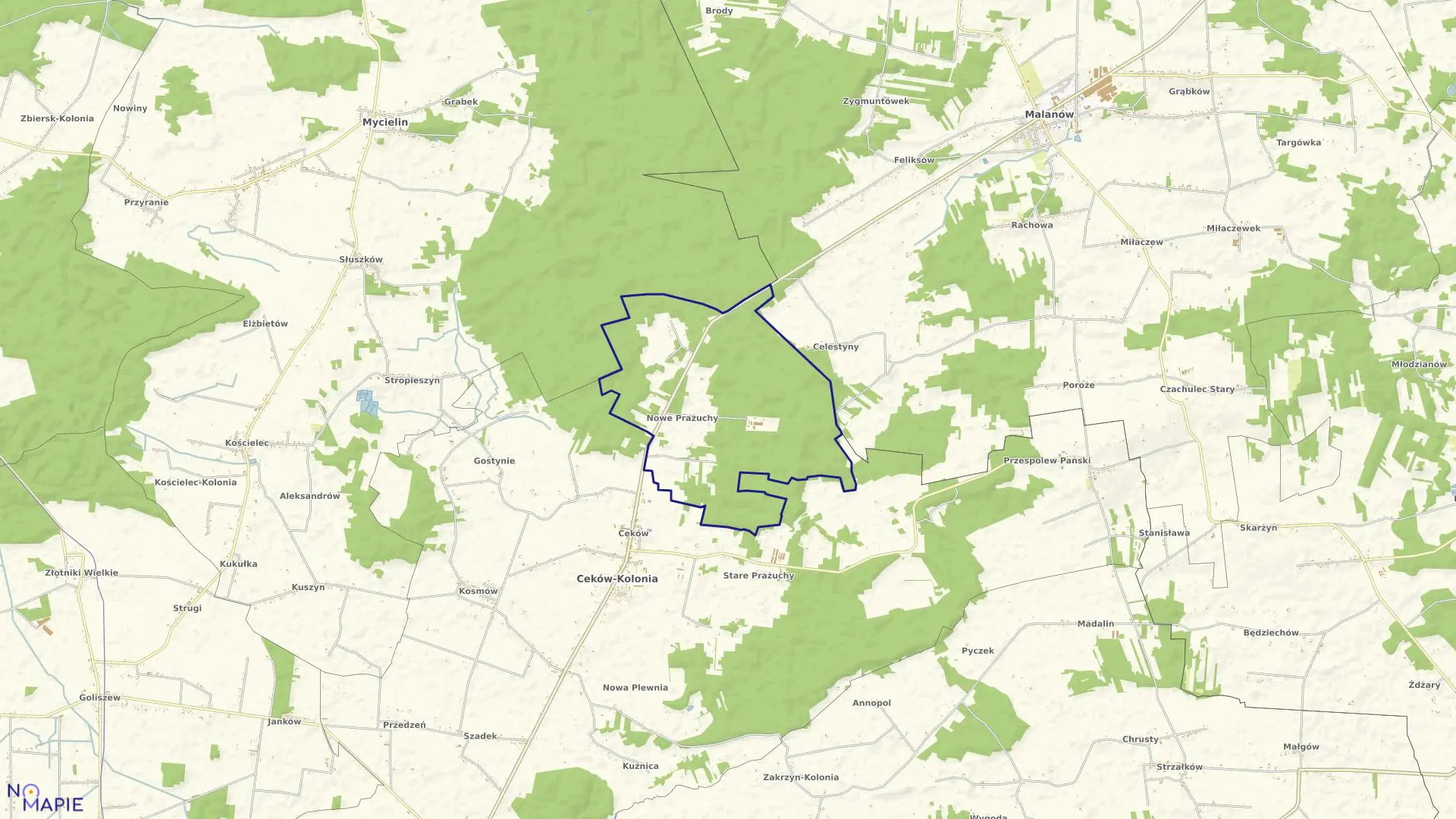 Mapa obrębu PRAŻUCHY NOWE w gminie Ceków-Kolonia